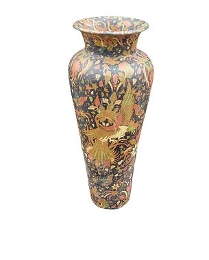A  tall terracotta vase, decorated in William Morris fabric